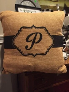Monogram Initial Jute Burlap Pillow "P" Trimmed In Black 17x17 - Picture 1 of 2