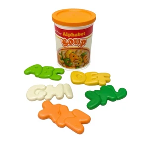 Lata de sopa de letras Fisher-Price 1987 vintage divertida con comida jugar comida - Imagen 1 de 5