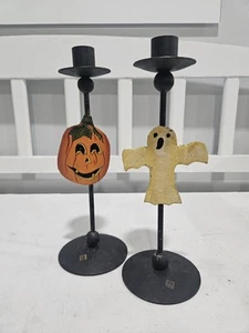 Vintage Metal Halloween Ghost & Pumpkin Candle Holders Set Of 2 - Picture 1 of 15