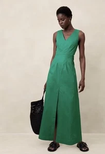 Banana Republic V-neck Linen Blend Emerald Green Maxi Dress Size Petite 4 NWT - Picture 1 of 7