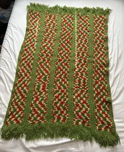Vtg 40X60 Crocheted Afghan Throw w/ Fringe Avocado Green Tan Brown Cream 1970’s - Picture 1 of 4