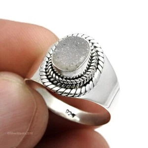 Argento Sterling Massiccio Ovale Naturale Drusa Lunetta Art Déco Da Anello Size - Foto 1 di 9