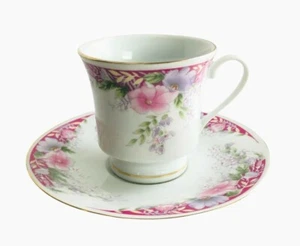 Tea Coffee Cup 3 Tall and Saucer 6 in Fine China Pink Purple Flowers Vtg - Picture 1 of 5