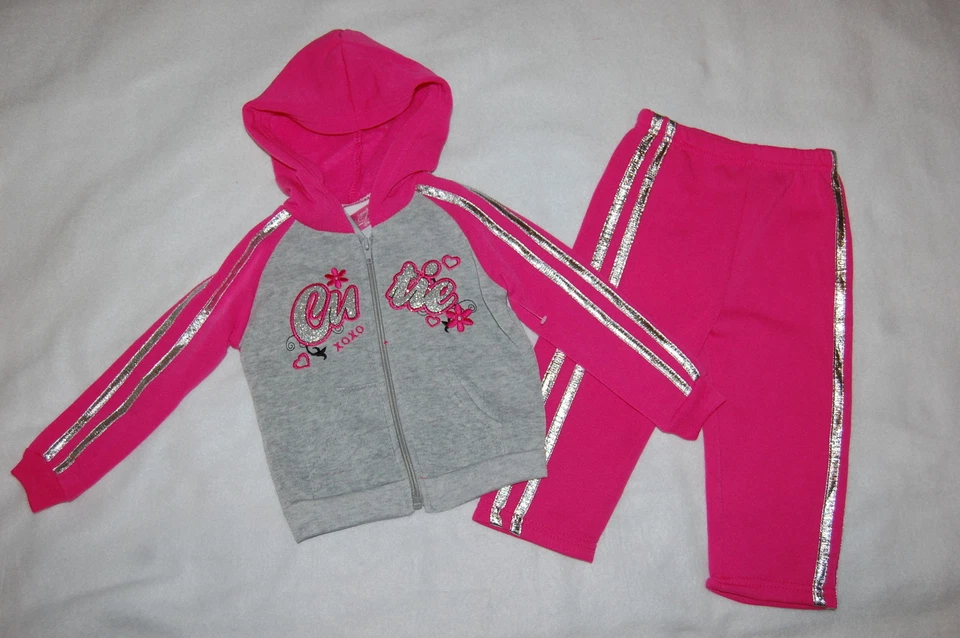 NIÑAS PEQUEÑAS ROSA OSCURO GRIS SUDADERA CON CAPUCHA Cremallera CUTIE XOXO Pantalones 18 MO Foto 1 de 1