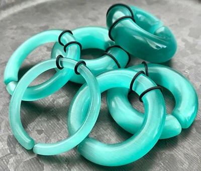 PAIR Aquamarine Cat Eye Large Stone Hoops Glass Hanger Ear Plug Gauge Tunnel - Image 1 of 3