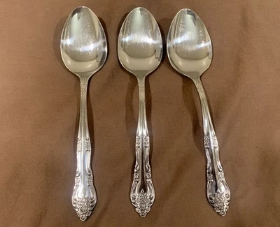 3 Rogers Stanley Roberts DREAM ROSE / ROSE BUD Stainless SOUP SPOONS Korea Vtg - Image 1 of 4