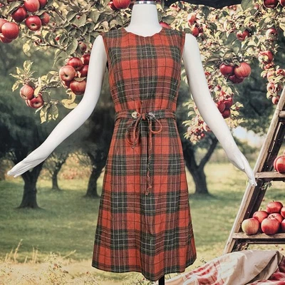 Vintage 1970s Dress Shift Pendleton Wool Red Plaid Tartan Sleeveless Belt  - Image 1 of 4
