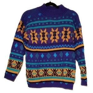 Vintage Croquet Club Gr. Small Strickpullover blau gelb Mockneck 80er 90er Style - Bild 1 von 5