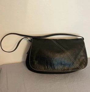 LAURA ASHLEY Black Leather Small Shoulder Bag with Cream Topstitching - Picture 1 of 8