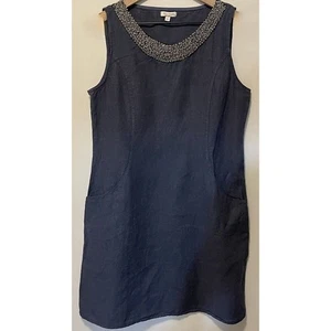 Vestido sin mangas Lina Tomei 100 % lino con cuentas con bolsillos cortos azul marino talla M elástico - Imagen 1 de 14