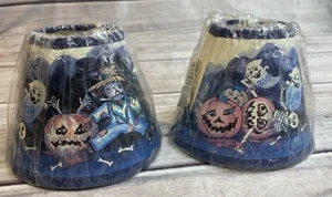 Vintage Halloween Mini Lamp Shades Set Of Two Ghosts Pumpkins Skeletons Cat 4.5” - Picture 1 of 7