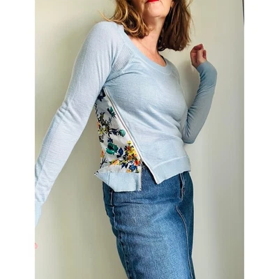 Sachi +Babi Wool Sweater Top Sheer Floral Print Blue Size 4 Quiet Luxury - Image 1 of 4