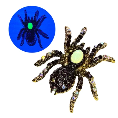 Broche de araña brillante prendedor oro estrás brillo joyería vintage vidrio uranio UV Foto 1 de 4