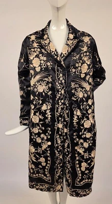 ENCHANTING FLAPPER 1920’S RICH HAND EMB BLACK SILK COAT W FLORAL + BIRD MOTIFS - Image 1 of 4