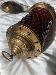 Antique CRANBERRY Glass & Brass Hanging Oil Lamp - Large, Rare & Very Nice! - Picture 1 of 11