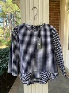 LUISA CERANO NWT WOMENS BLUE/WHITE CHECK LONG SLEEVE COTTON TOP SIZE 8 CLASSIC - Picture 1 of 7
