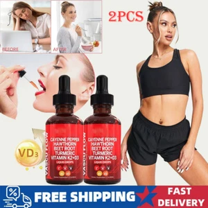 2PCS Cayenne Pepper Hawthorn Beet Root Turmeric Vitamin K2+D3 Liquid Drops 60ML - Picture 1 of 13