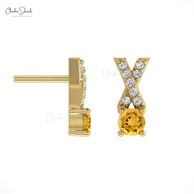 14k Solid Gold Criss Cross Stud Earrings 1 CTW Citrine & Diamond Gift For Bridal - Image 1 of 4