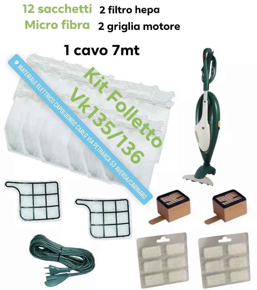 VORWERK Sacchetti Folletto 12 Profumi 2 Filtri 2 Griglie 1 cavo 7MT VK 135 VK 136 KIT
