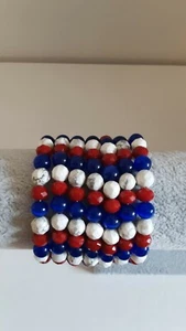 Handmade Beaded Healing Bracelet Cat's Eye Howlite Hematite Patriotic - Picture 1 of 6