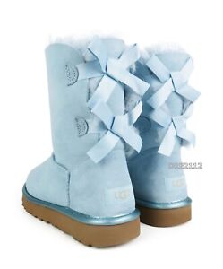 UGG Bailey Bow II Metallic Sky Blue Suede Fur Boots Womens Size 8 *NIB*
