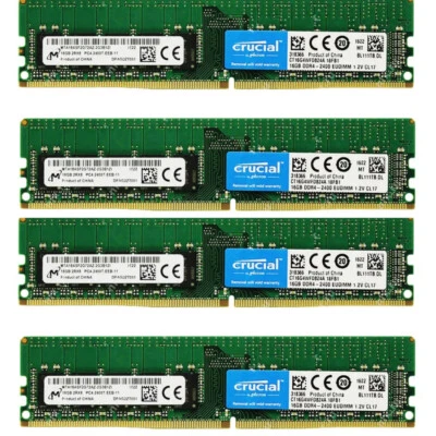 Crucial 64GB (4X16GB) 2400MHz DDR4 PC4-19200 ECC EUDIMM emory Ram CT16G4WFD824A - Image 1 of 4