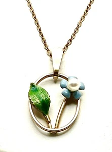 Vintage Krementz Gold Pearl Enamel Flower Pendant Necklace Signed - Picture 1 of 6