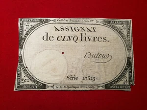 ASSIGNAT 5 Cinq LIVRES / 10 Brumaire l'an 2 1793 / Série 27523 / signé DUTOUR - Imagen 1 de 2