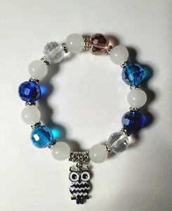Womens Cyrstal Beaded Stackable Stretch Bracelet Owl Charm - Pretty Multi Color - Picture 1 of 2
