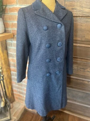 Verdadero Abrigo Largo Negro/Azul Cuello Terciopelo Lana Doble Pecho Mediano BONITO Foto 1 de 4