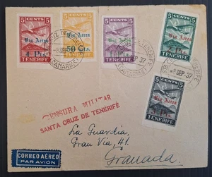 Rare 1937 Spain Civil War Censor Cover 5 Imperf Stamps cd Tenerife-Gran Via - Picture 1 of 2