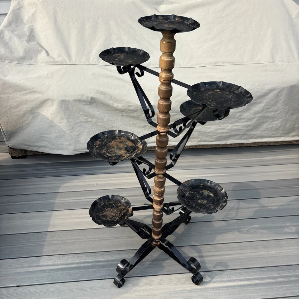 老式西班牙哥特式复兴旋转锻铁植物支架 — 第 1/4 张图片