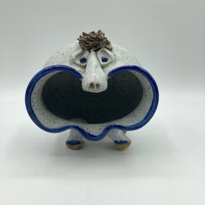 Art Pottery Ugly Face Big Mouth Dish Sponge Holder Trinket Legs Speckled Signed - Picture 1 of 13