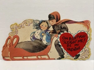 Die Cut Vintage Greeting Card: Oh Boy! You Sleigh Me Be My Valentine Boy & Girl - Picture 1 of 3