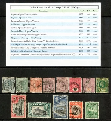 Lote de 13 estampillas usadas de Ceilán de 1883-1954 Scott 64-308 C.V. $12,35 Cey2 Foto 1 de 3