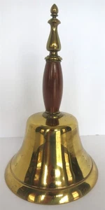 VINTAGE 9.5" BRASS SCHOOL BELL W/ WOOD HANDLE - Picture 1 of 5