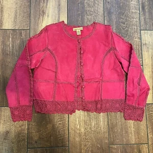 Suede Essentials Womens Jacket Large Pink Suede Leather Crocheted Jacket - Picture 1 of 9