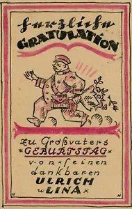 Tarjeta de cumpleaños felicitación hombre uniforme dibujo alrededor de 1920 - Imagen 1 de 2