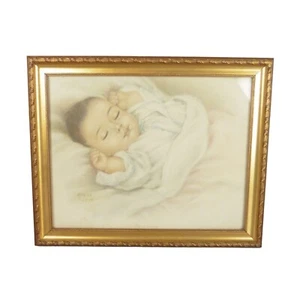 Vintage gerahmter Kunstdruck "Darling Asleep" Allene J. Love Baby Kleinkind Aquarell - Bild 1 von 5