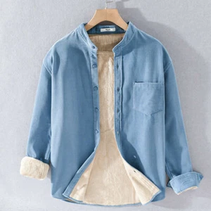 Men Corduroy Fleece Lined Shirt Long Sleeve Collarless Grandad Top Blouse Warm - Picture 1 of 16
