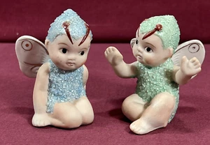 2 Vintage MCM Japan Sugar Babies Blue Aqua Green Bisque Fairy Pixie Butterfly - Picture 1 of 17