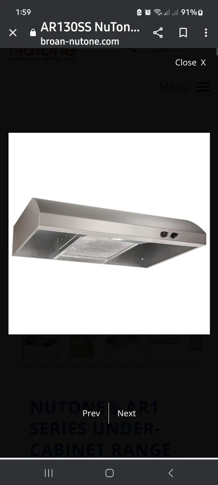 Campana extractora Braun-Nutone serie AR1 30" debajo del gabinete con luz  Foto 1 de 4