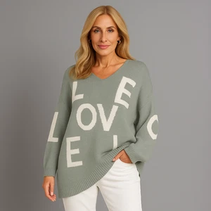 ROCKTHOSECURVES WOMENS Oversized V-Neck Knitted Jumper With Love Print - Picture 1 of 5