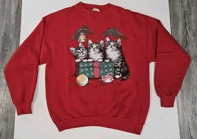 Sudadera Roja Grande Vintage Años 90 Gato Animal Naturaleza Navidad Vacaciones Mujer Foto 1 de 4