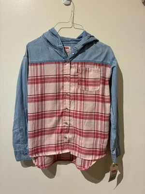 NUEVO CON ETIQUETAS Camisa Levi's Denim y Rosa a Cuadros Manga Larga Abotonada con Capucha - Niñas L Foto 1 de 4