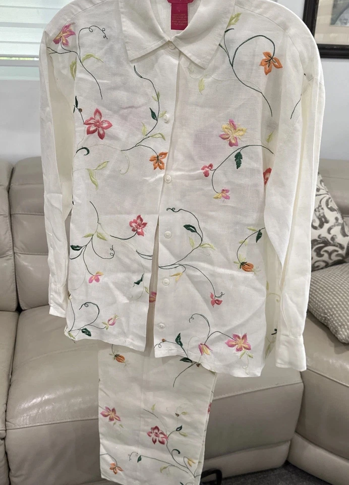 Juego de dos piezas Sunny Leigh 100 % lino bordado - talla S/pantalones talla 6 mujer Y2K Foto 1 de 4