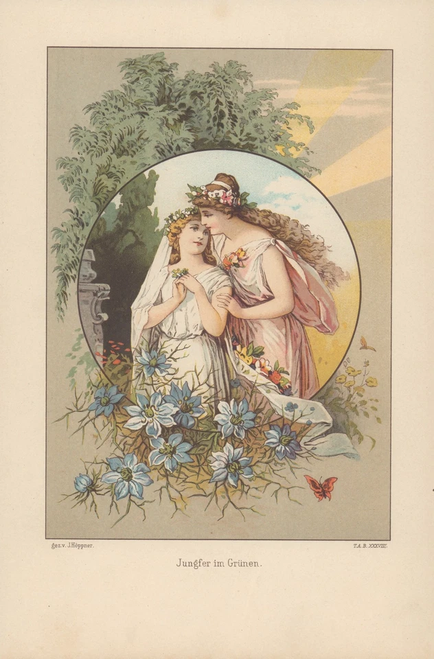 Jungfer im Grünen. Chromolithografie von 1895 nach J. Höppner. - Bild 1 von 1