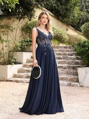 Satin&Noir Navy Blue Beaded A-Line Prom Dress Elegant Illusion Evening Gown - Image 1 of 4