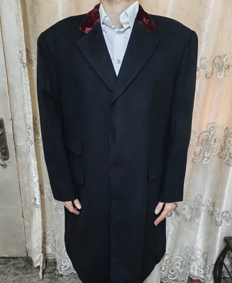 Vintage hand made bespoke wool cashmere burgundy velvet collar over coat 50R 2XL - Image 1 of 4