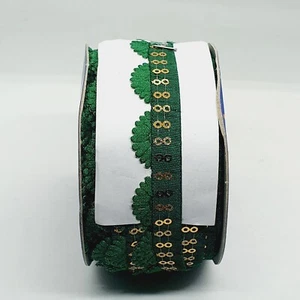 15mm Green Satin Gold Sequin Indian Braid Ribbon Trim Embellishment Sewing - Picture 1 of 1